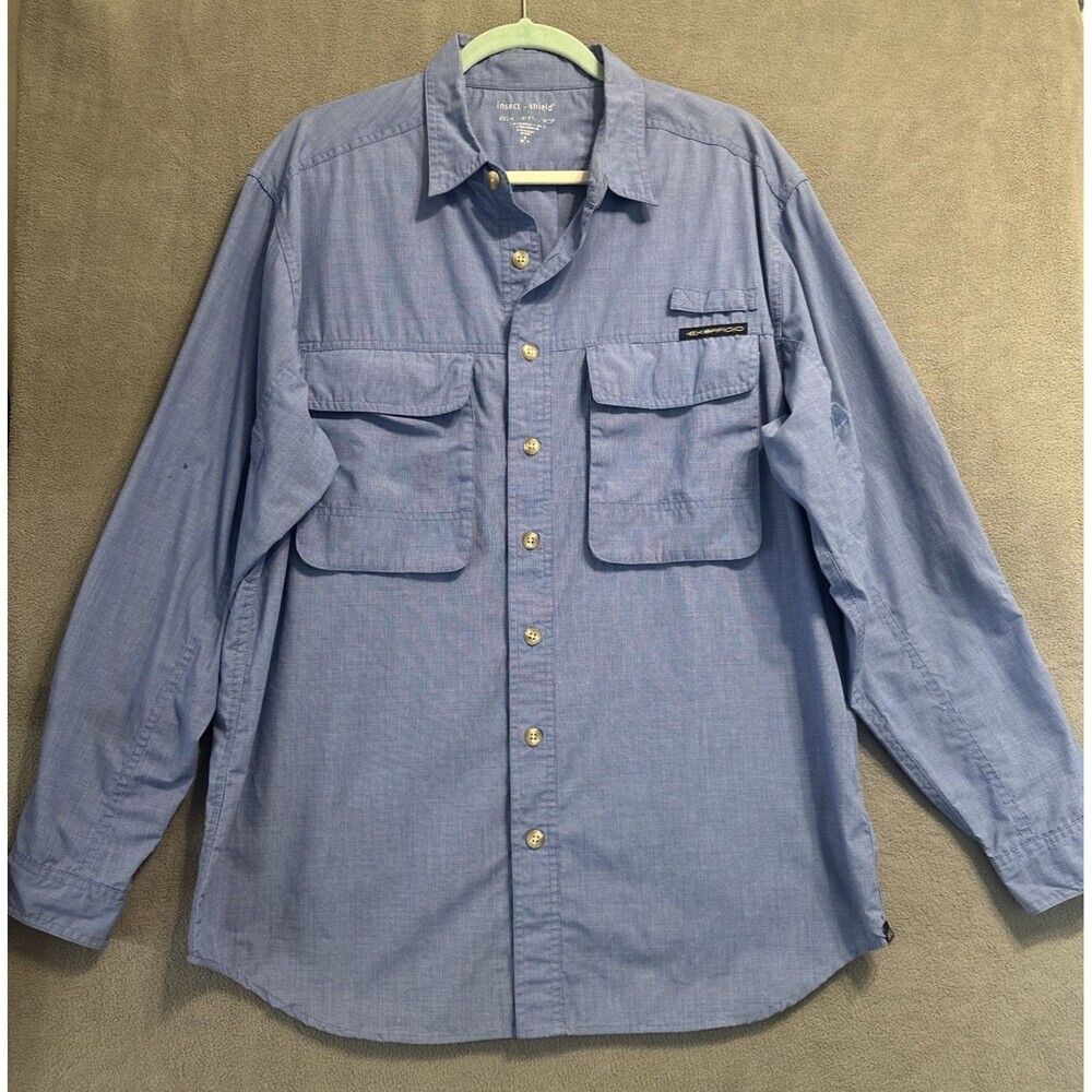 Exofficio Insect Shield Button‎ Up Shirt Mens Size M Blue Hiking Fishing Camping